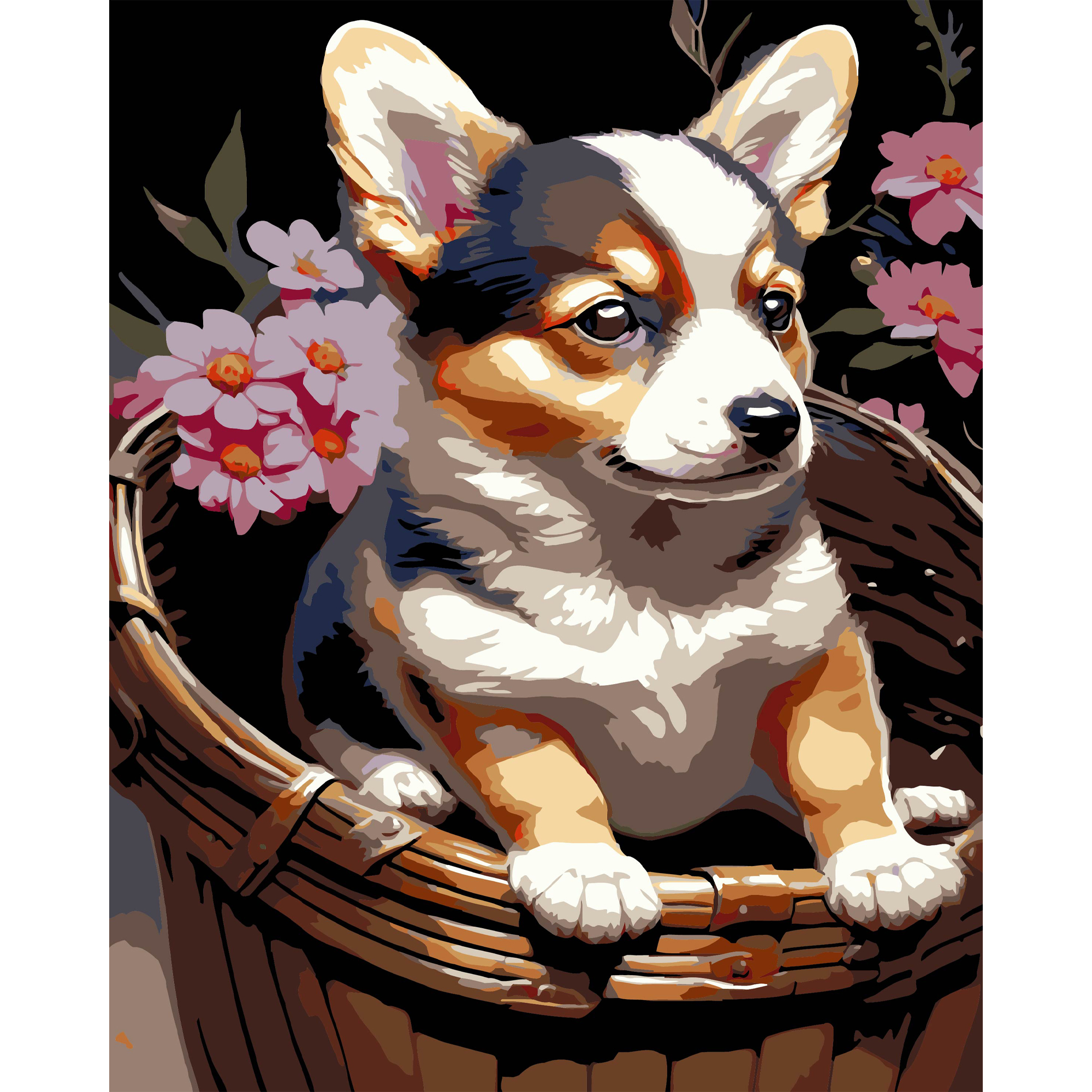 Картини по номерах "Цуценя у кошику" 40х50см на чорному фоні №AH1220-19/Strateg/ — фото товару | Канцелярський Сад