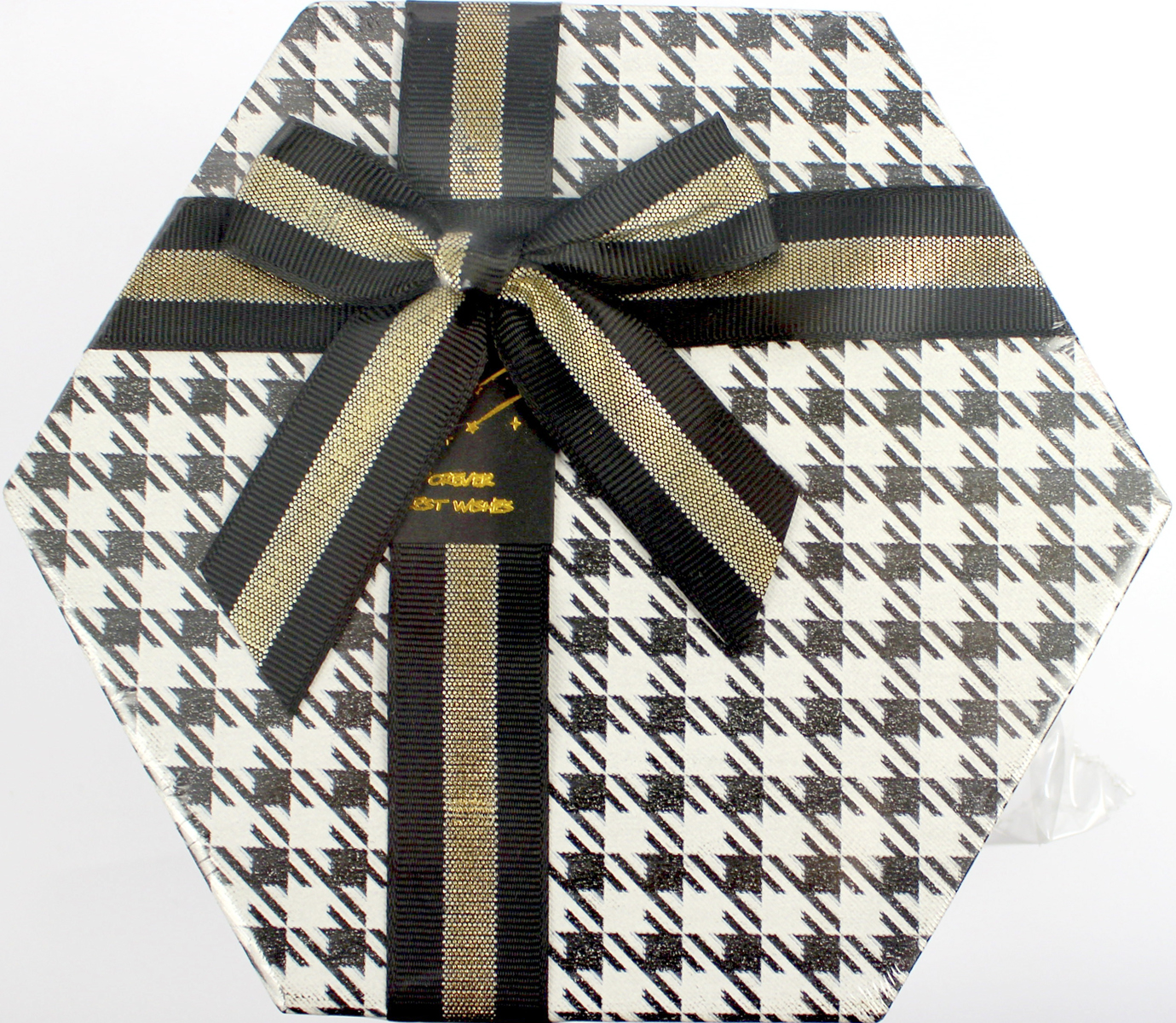 Коробка подарункова 16х8см шестикутна з бантиком,чорно-біла №KR-019-6-M — фото товару | Канцелярський Сад