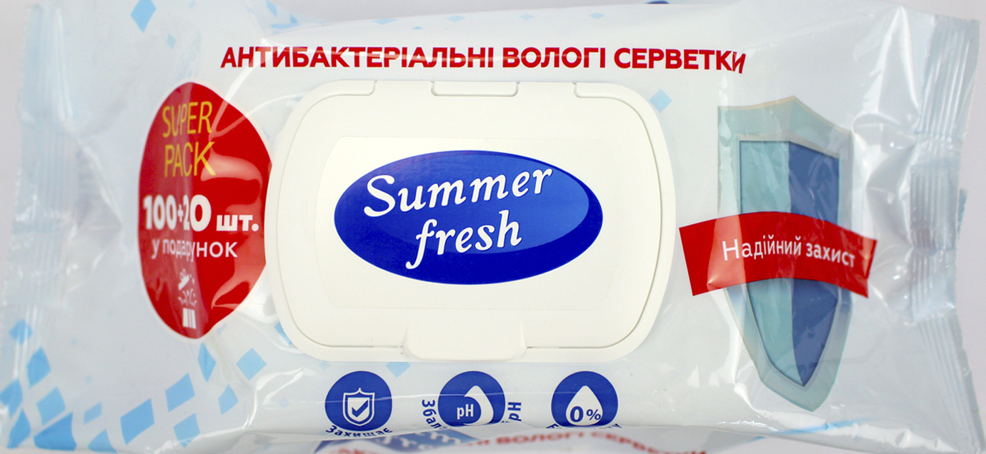 Серветки вологі "Summer Fresh" (120шт) Антибактеріальні №1769(10) — купити | Канцелярський Сад