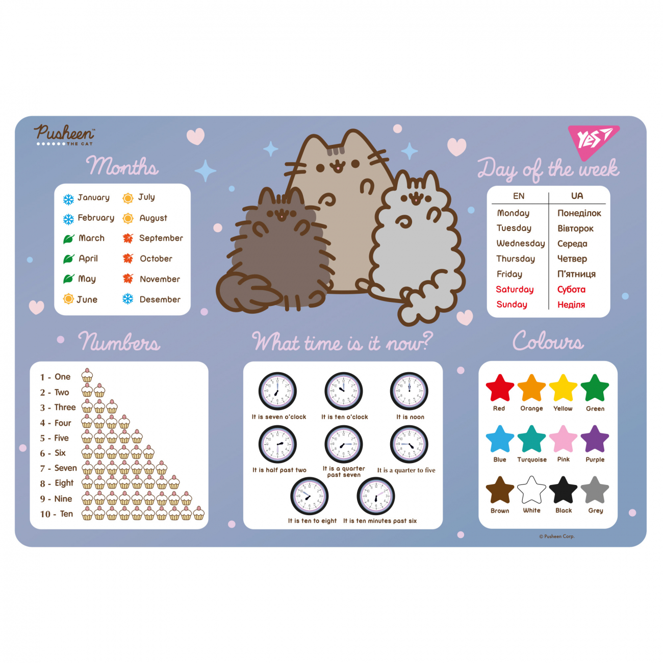 Підкладка для столу "Yes" №492321 Pusheen табл. англ. блакитна(10) — фото товару | Канцелярський Сад