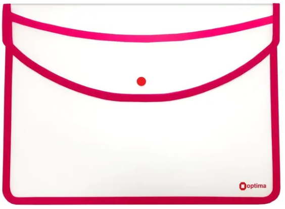 Папка-конверт "Optima" №O35260 А4 на кнопці вишневий кант, прозора(1)(30) — фото товару | Канцелярський Сад