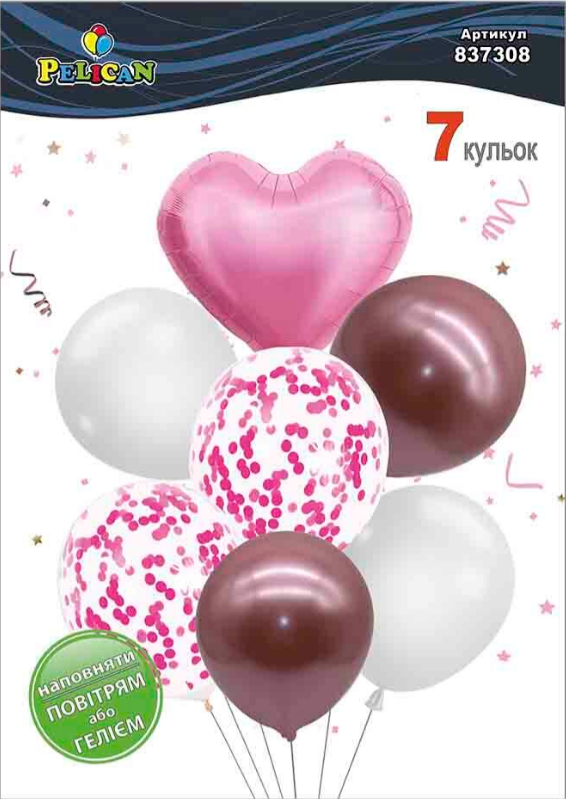 Набір кульок повітр. латексних 12"/30см "Серце,біло-синій з хромом" 7шт №837306/Pelican/ — фото товару | Канцелярський Сад