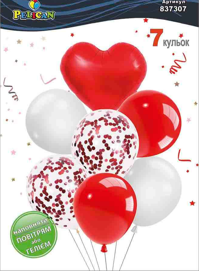 Набір кульок повітр. латексних 12"/30см "Серце,біло-рожевий з хромом" 7шт №837308/Pelican/ — фото товару | Канцелярський Сад
