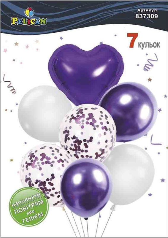 Набір кульок повітр. латексних 12"/30см "Серце,фіолет.-білий з хромом" 7шт №837309/Pelican — фото товару | Канцелярський Сад