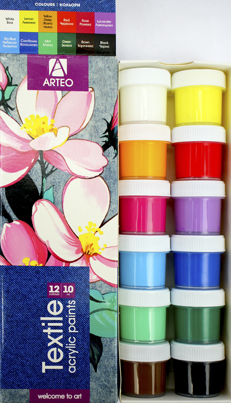 Набір акрил. фарб 12х10мл "Arteo" Flowers для тканини №322113002(12) — фото товару | Канцелярський Сад