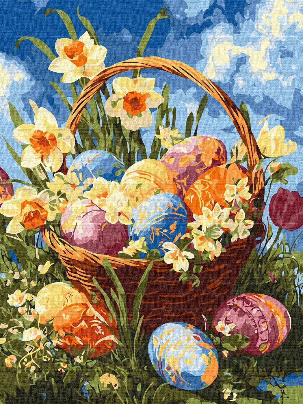 Картини по номерах акрил. "Кошик із писанками та нарцисами" 30х40см №KHO5185/Ідейка/ — фото товару | Канцелярський Сад